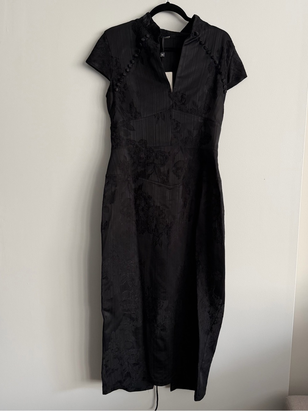 Black Embroidered Mandarin-Collar Designer Midi Dress